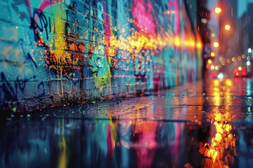 The wet urban street glistened in the night, illuminated by vibrant lights and adorned with street art.