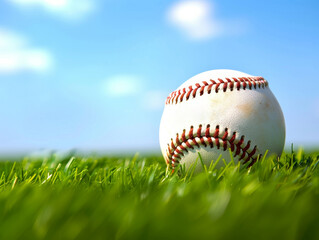 Close-up of a baseball on vibrant green grass under sunlight