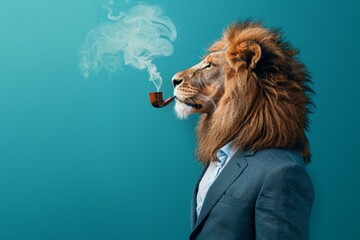 Business lion in a suit smoking a pipe on a blue background. Copy space for text