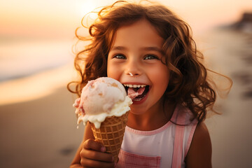 Happy little girl eating ice cream