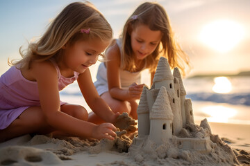 Girls making a sand castle on the beach