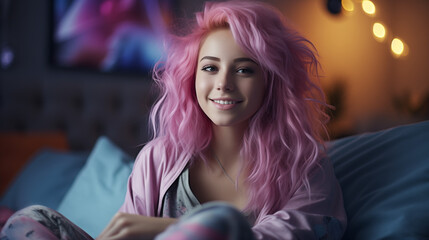 Woman listening to music. Smiling hipster gen z teen girl with blue hair watching tv movie sitting in bed, holding remote control, eating chips snack. Teenager relaxing watching television. Hipster