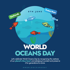 World Oceans Day. 8th June World Oceans day celebration social media post with water, fishes sea grass. Catalysing Action for Our Ocean, Climate. The day celebrates healthy ocean and a stable climate.