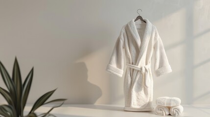 A luxurious white bathrobe made of soft, plush fabric, standing upright against a beige background with folded towels and a plant, epitomising comfort and relaxation.