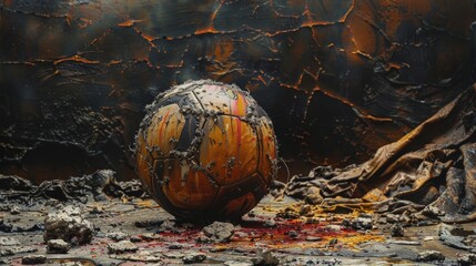 A dirty soccer ball lies in the middle of a post-apocalyptic landscape. - obrazy, fototapety, plakaty