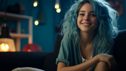 Woman listening to music. Smiling hipster gen z teen girl with blue hair watching tv movie sitting in bed, holding remote control, eating chips snack. Teenager relaxing watching television. Hipster