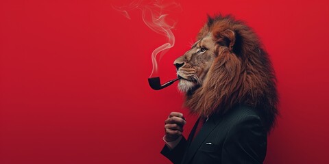 Profile view of a business lion in a suit smoking a pipe on a red background. Copy space for text