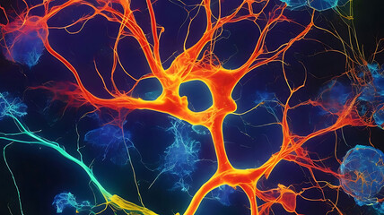 Vibrant illustration of astrocytes wrapping around neurons in the human brain, highlighting synaptic connections