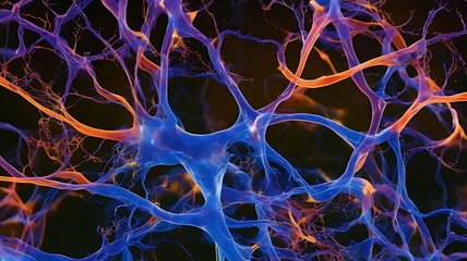 Vibrant illustration of astrocytes wrapping around neurons in the human brain, highlighting synaptic connections