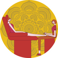 Techniques for giving feet massage by professional therapist in spa. Isolated flat vector illustration in circle shape.