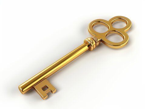 Photo of a 3D rendered key icon, golden and shiny, isolated on white background