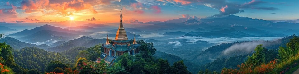Breathtaking Panoramic View of Doi Suthep Temple Amidst Misty Mountains and Lush Valleys at Sunset