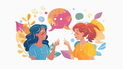 Two young girl gossiping with speech bubble vector flat