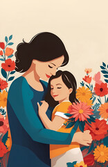 Mother hugging her baby in a field of flowers with sunny. Painting styles for Mother's Day poster with copy space