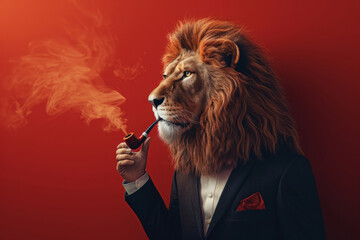 Business lion boss in a suit smokes pipe