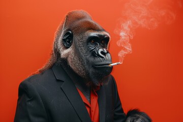 Gorilla boss in a business suit smokes a cigarette on a red background