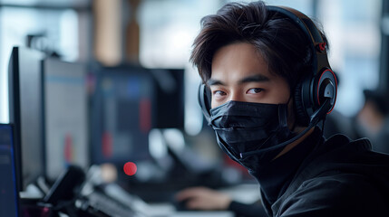 the callcenyer guy wreaing mask and headphone working at office,