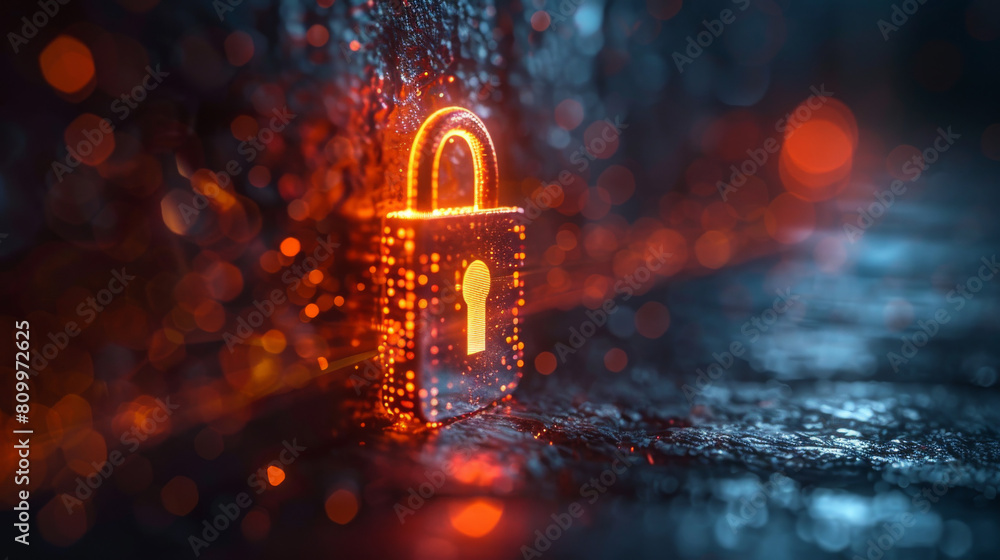 Poster metallic lock adorned with bright digital light patterns, illustrating the concepts of cybersecurity