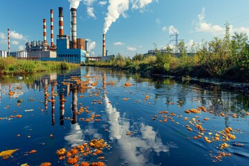 Obraz premium A juxtaposition of industrial smokestacks and a reflective, seemingly untouched pool below