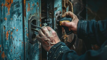 locksmith Hands Using Pick Tools To Open Locked Door