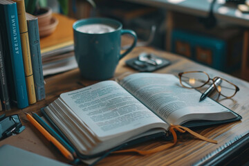 Naklejka premium Open textbook on a students desk close-up on a challenging chapter