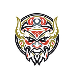 Obraz premium The face of a Viking in a helmet with horns, hand-painted with traditional patterns. vector illustration