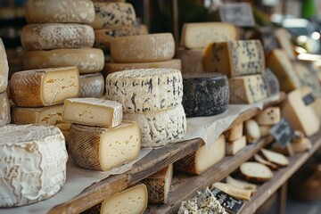 Various types of cheese are sold in a market stall