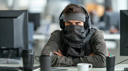 a man with mask wearing headphone and working at the office,