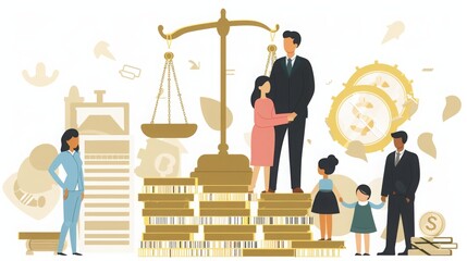 An illustrated scene representing a familys financial legacy with scales of justice, gears, money, and legal documents.