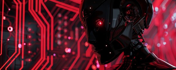 Obraz premium Futuristic cyborg profile against red circuit background