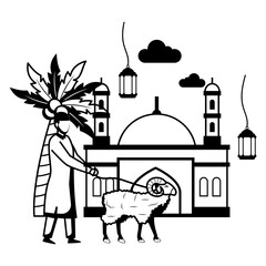 Butcher Holding Lamb Rope Vector Icon Design, Eid al-Azha or Eid ul Kabir Symbol, Hajj Sign, Muslims religious Festival Stock illustration, Man Bringing Goat to Community Center Concept