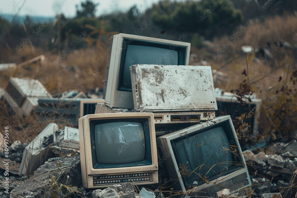 Poster outdated computer monitors in a landfill, highlighting the environmental cost of tech progress
