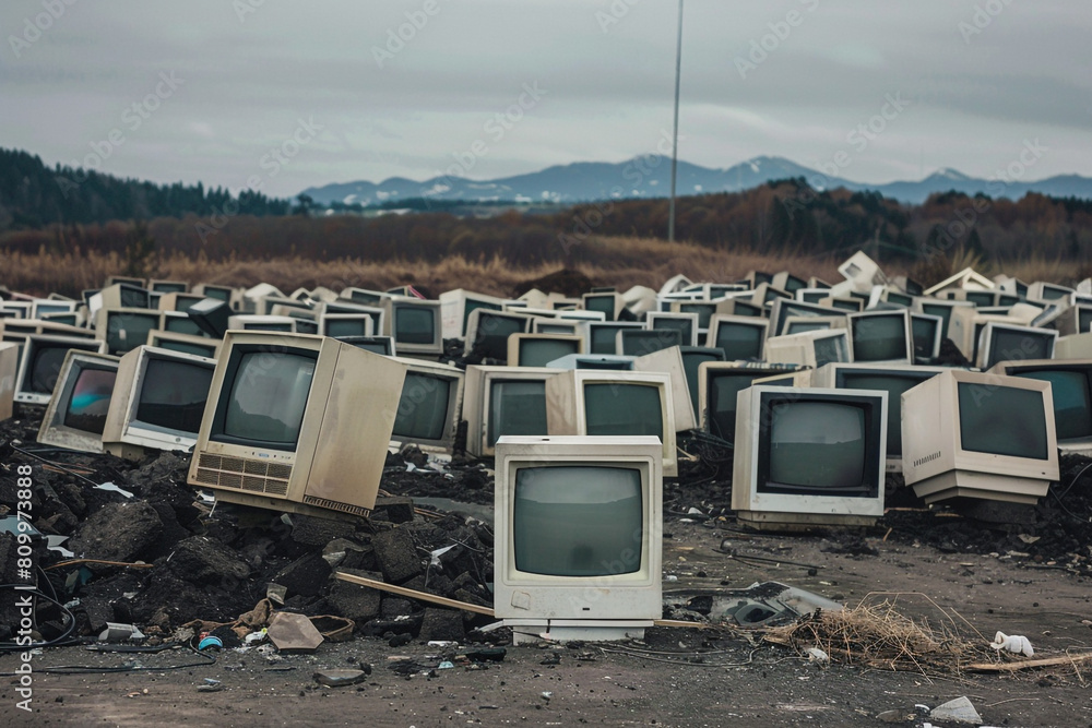Poster outdated computer monitors in a landfill, highlighting the environmental cost of tech progress
