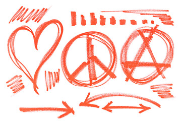 Set grunge scribble, hatched heart, sign of peace and symbol of punk, red marker isolated on white...
