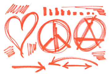 Set grunge scribble, hatched heart, sign of peace and symbol of punk, red marker isolated on white background