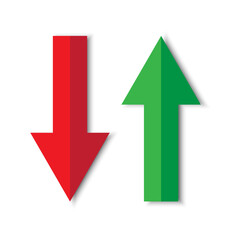 Red down arrow, green up arrow. Directional indicators. Vector illustration.