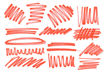 Grunge scribble, set hatching, scrawl line, red marker isolated on white
