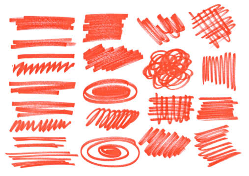 Grunge scribble, set hatching, scrawl line, red marker isolated on white