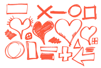 Set grunge scribble, hatched circle, heart, and square, red marker isolated on white background