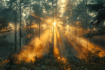 A majestic view of sunbeams dramatically emphasizing a forest clearing at dawn amidst a calm, tranquil atmosphere