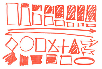 Set grunge scribble geometric shapes for chart, red marker isolated on white background