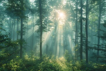 The sun's rays filter through a misty morning forest, creating a stunning play of light and shadow and bringing the woodland to life