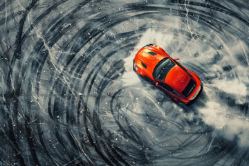 drifting sports car on asphalt road track from a bird's eye view