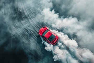 drifting sports car on asphalt road track from a bird's eye view