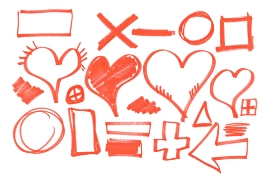 Set grunge scribble, hatched circle, heart, and square, red marker isolated on white background - Powered by Adobe