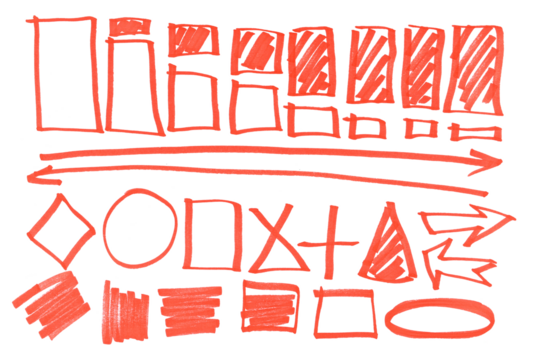 Set grunge scribble geometric shapes for chart, red marker isolated on white background