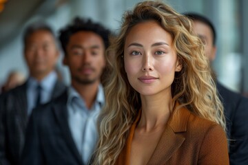 Young Asian businesswoman in focus with colleagues in background