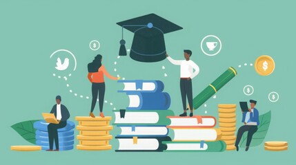 A stylized representation of students interacting with symbols of education and finance, such as books, coins, and a graduation cap.