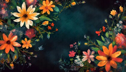 Obraz premium tropical floral frame on dark chalk slate background with room for copy text