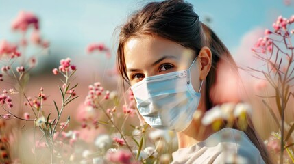A girl in a protective medical mask among the spring flowers. The concept of spring allergy.